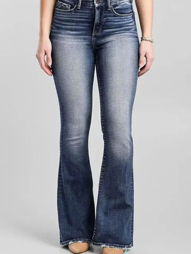 High rise flare gradient wash jeans front view