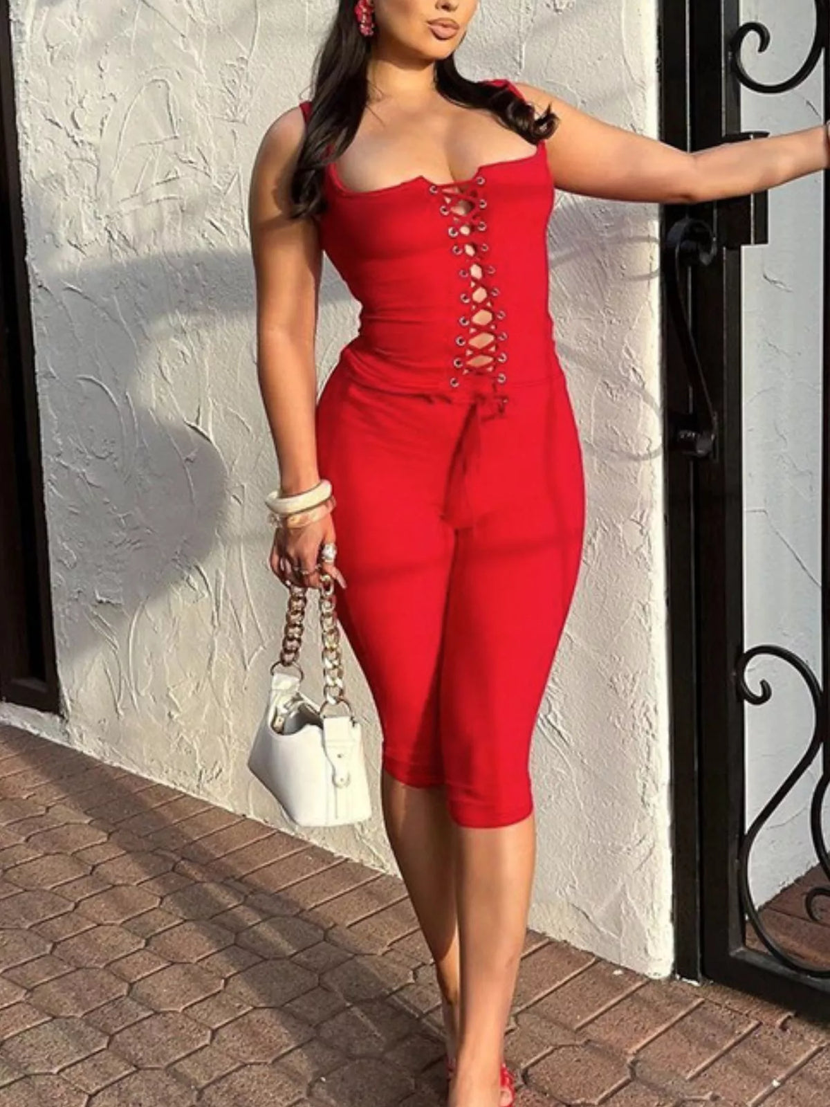 Lace Up Tank and Capri Set in Taupe and Scarlet, view 8