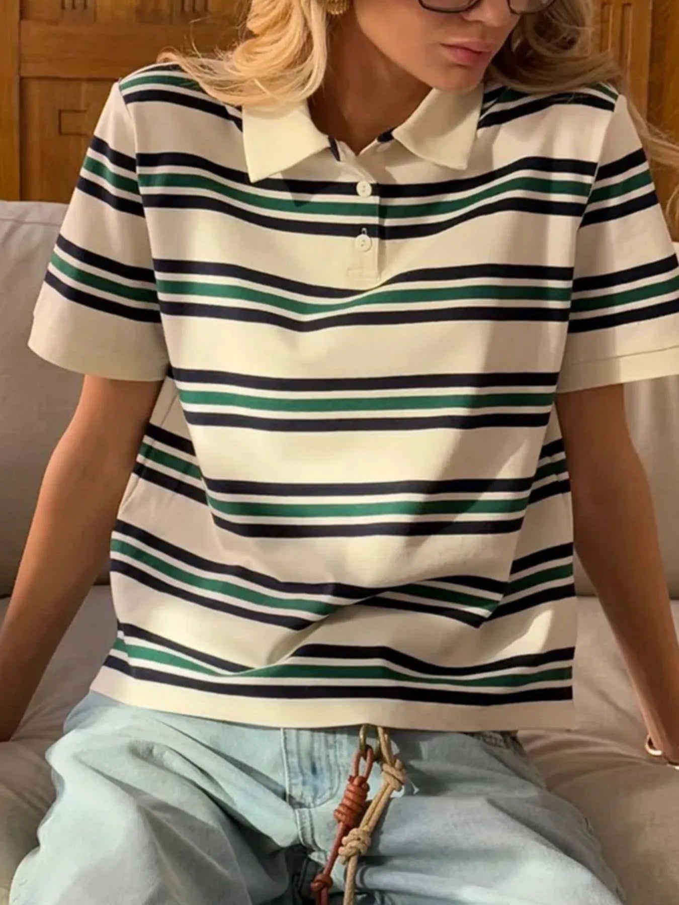 Striped Polo T-Shirt with Contrast Collar - Fashorio