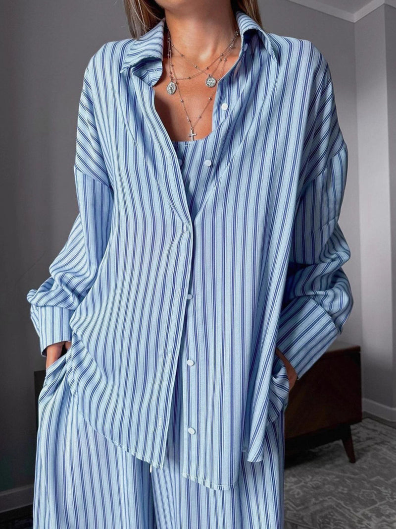 Striped cami shirt and pants lounge set in light blue front view