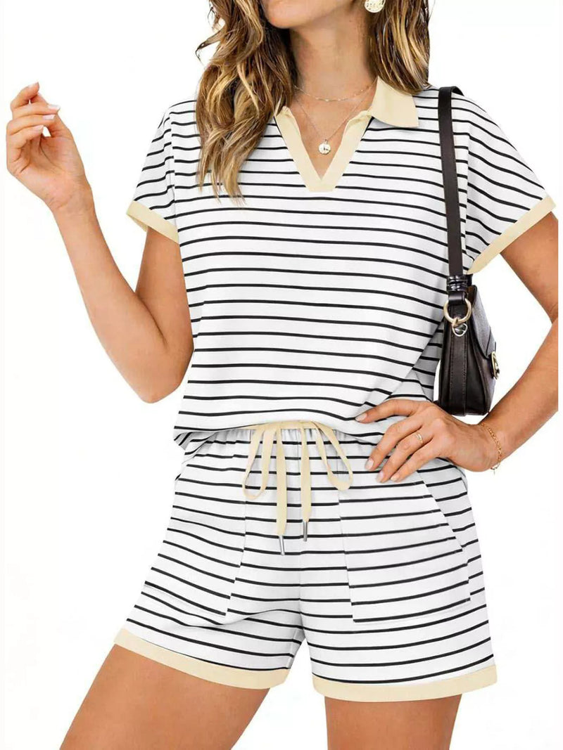 Striped short sleeve polo and shorts set front view
