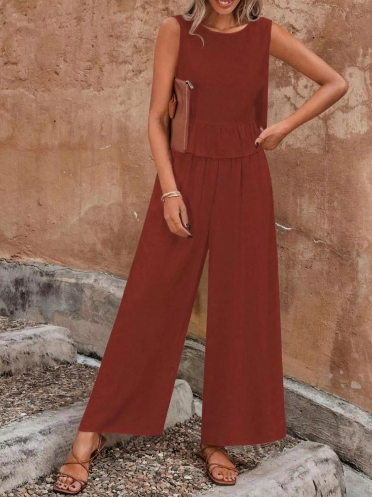 Sleeveless Ruffle Hem Top and Wide Leg Pants Set, view 17