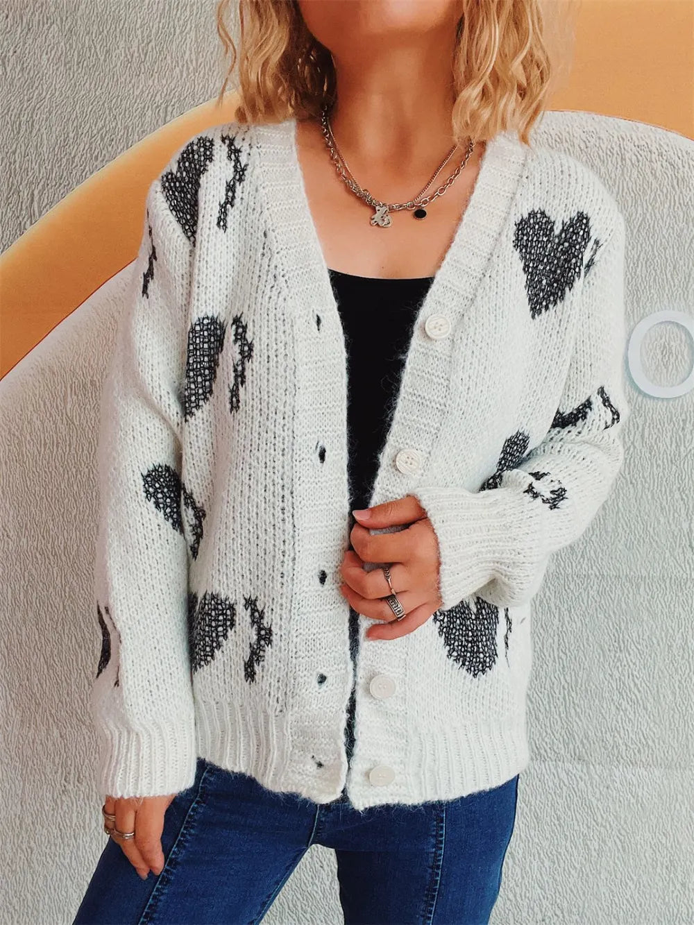 Heart Button Up Long Sleeve Cardigan White One Size - Fashorio