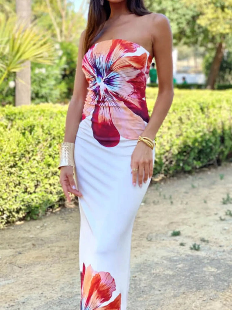 floral strapless bodycon maxi dress front view