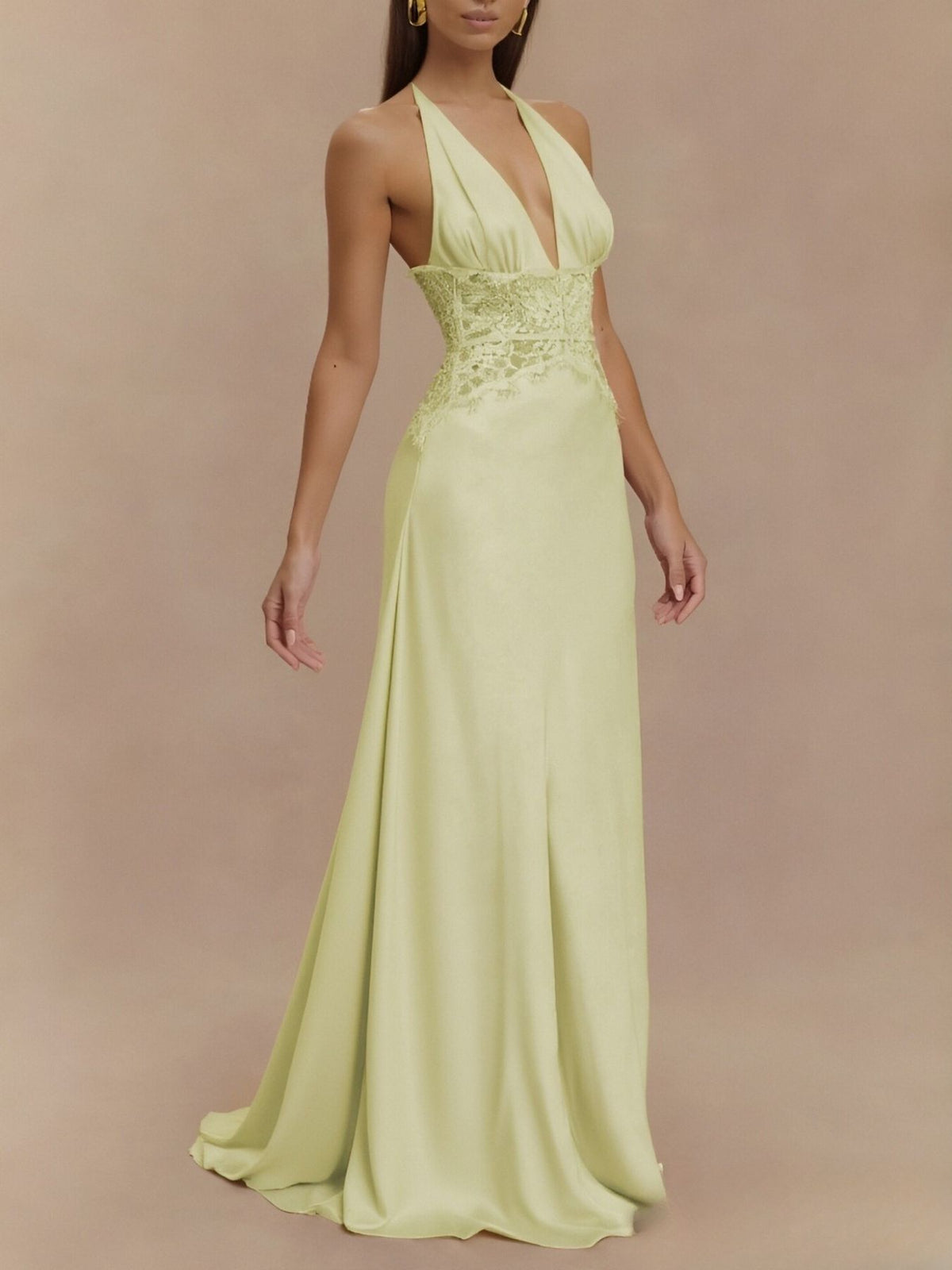 Halter neck lace trimmed maxi dress styling detail