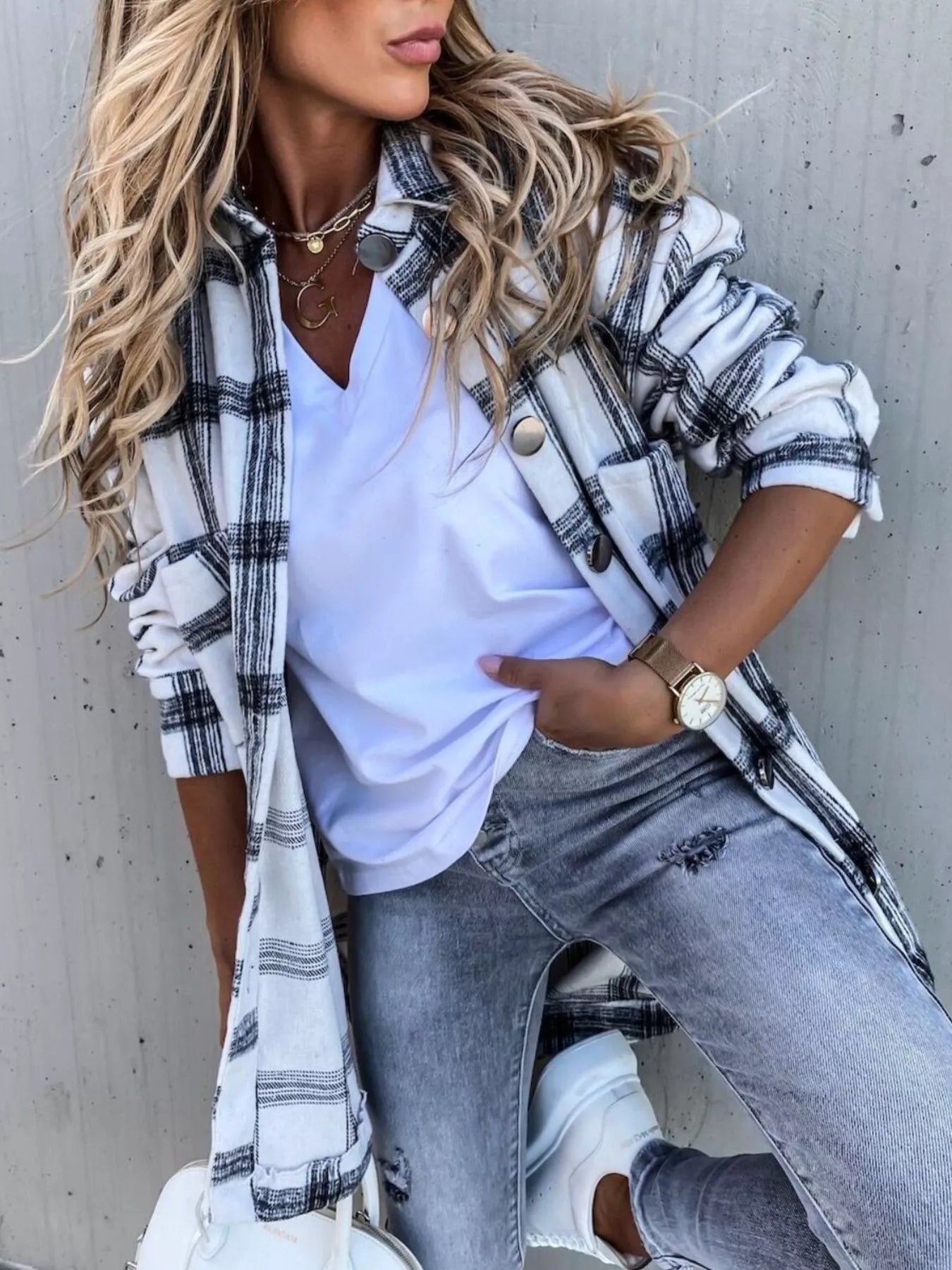 Oversized Plaid Button-Up Longline Shirt - Fashorio