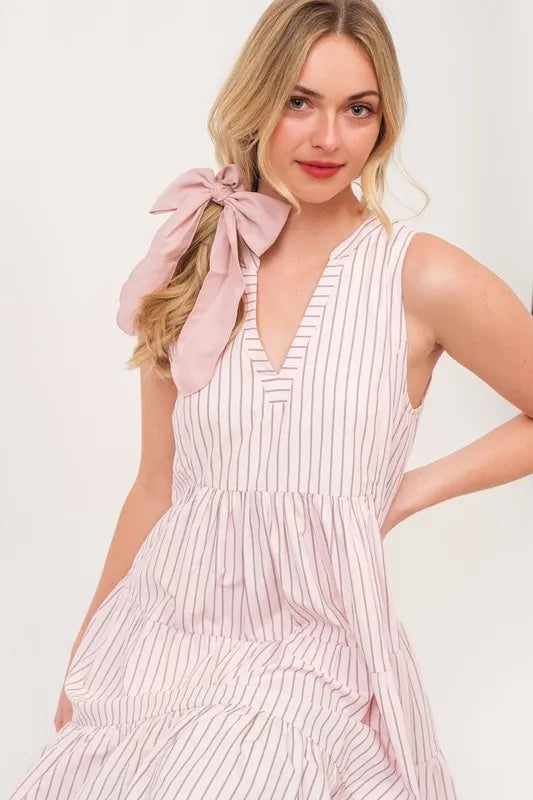 Striped Sleeveless V Neck Tiered Dress on model