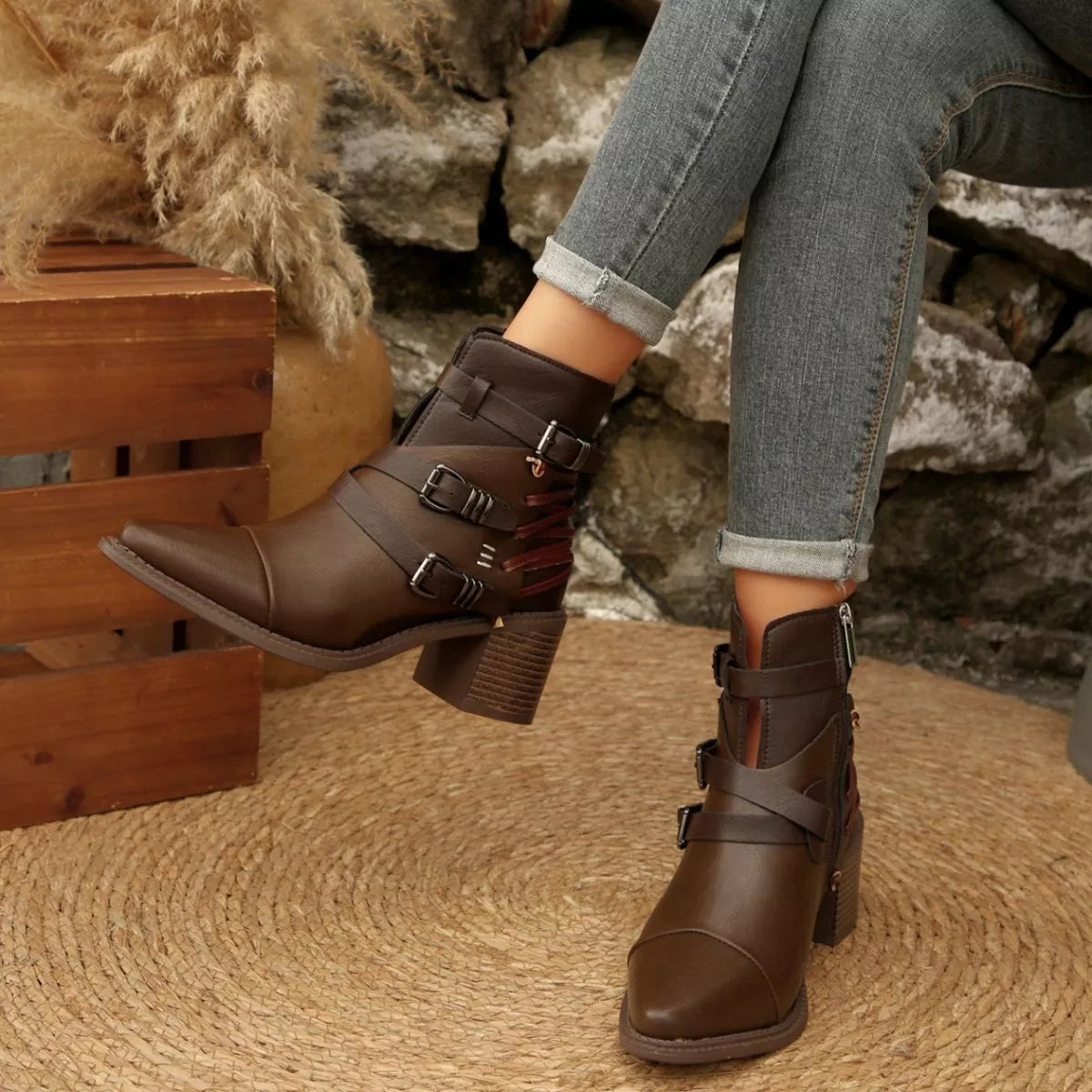 Point Toe Buckle Strap Ankle Boots with Block Heel angled view