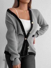 Contrast Trim Button Up Long Sleeve Cardigan Gray One Size - Fashorio