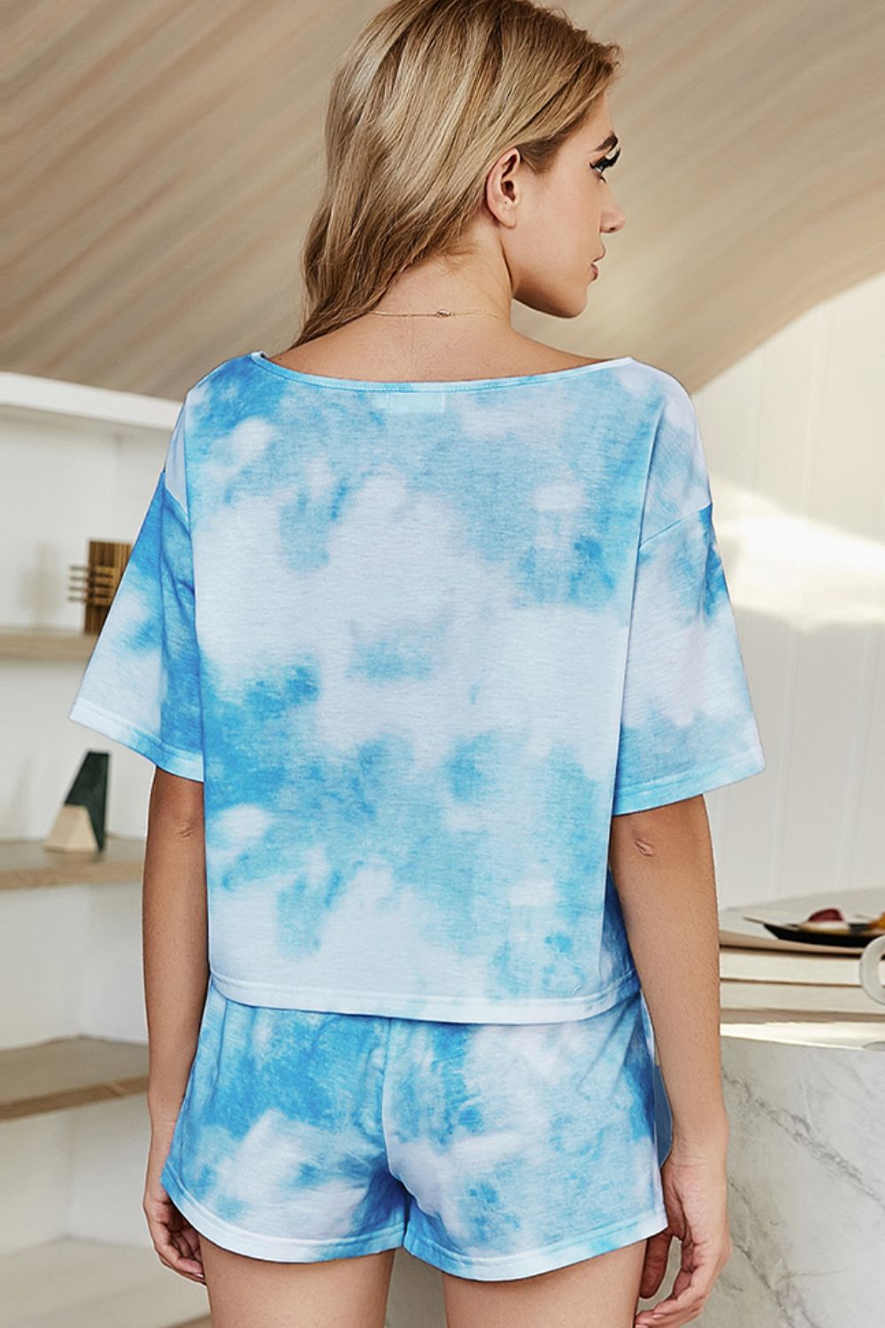 Shiny Tie-Dye Boat Neck Top and Shorts Lounge Set - Fashorio