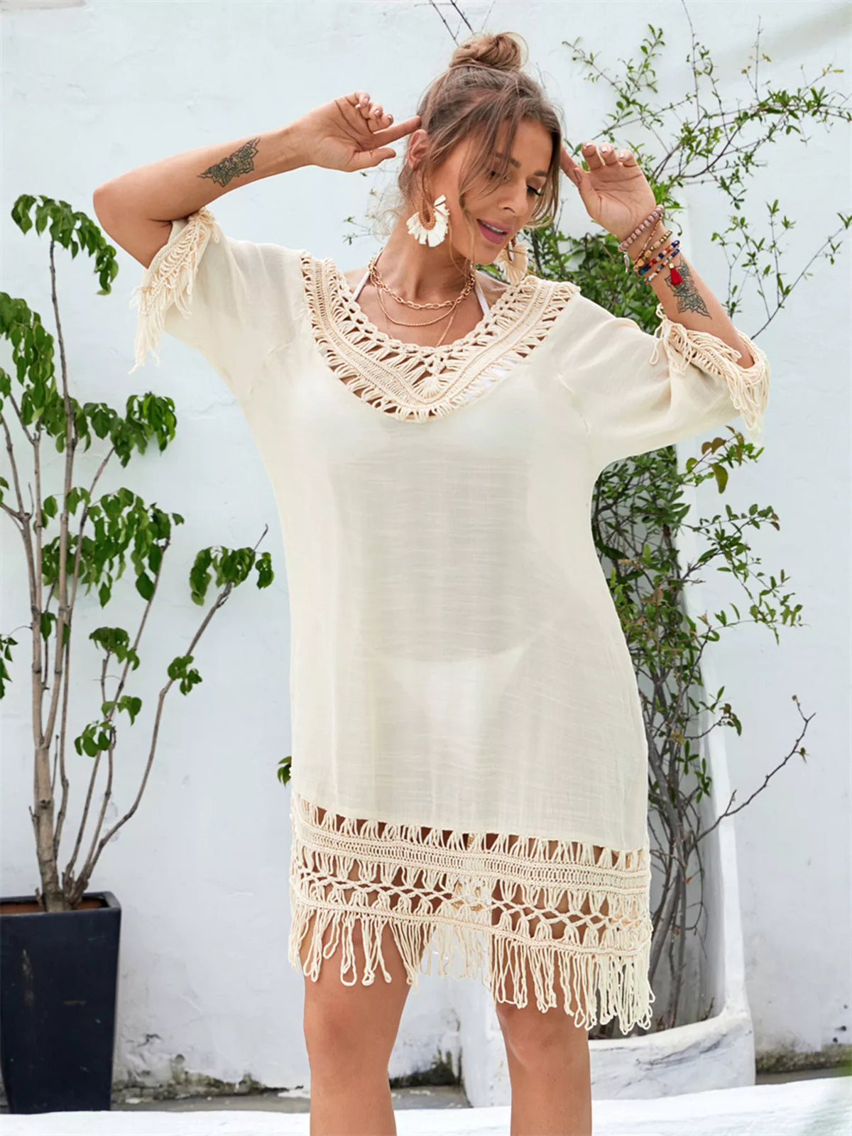 Fringe crochet V neck cover up dress in apricot side view