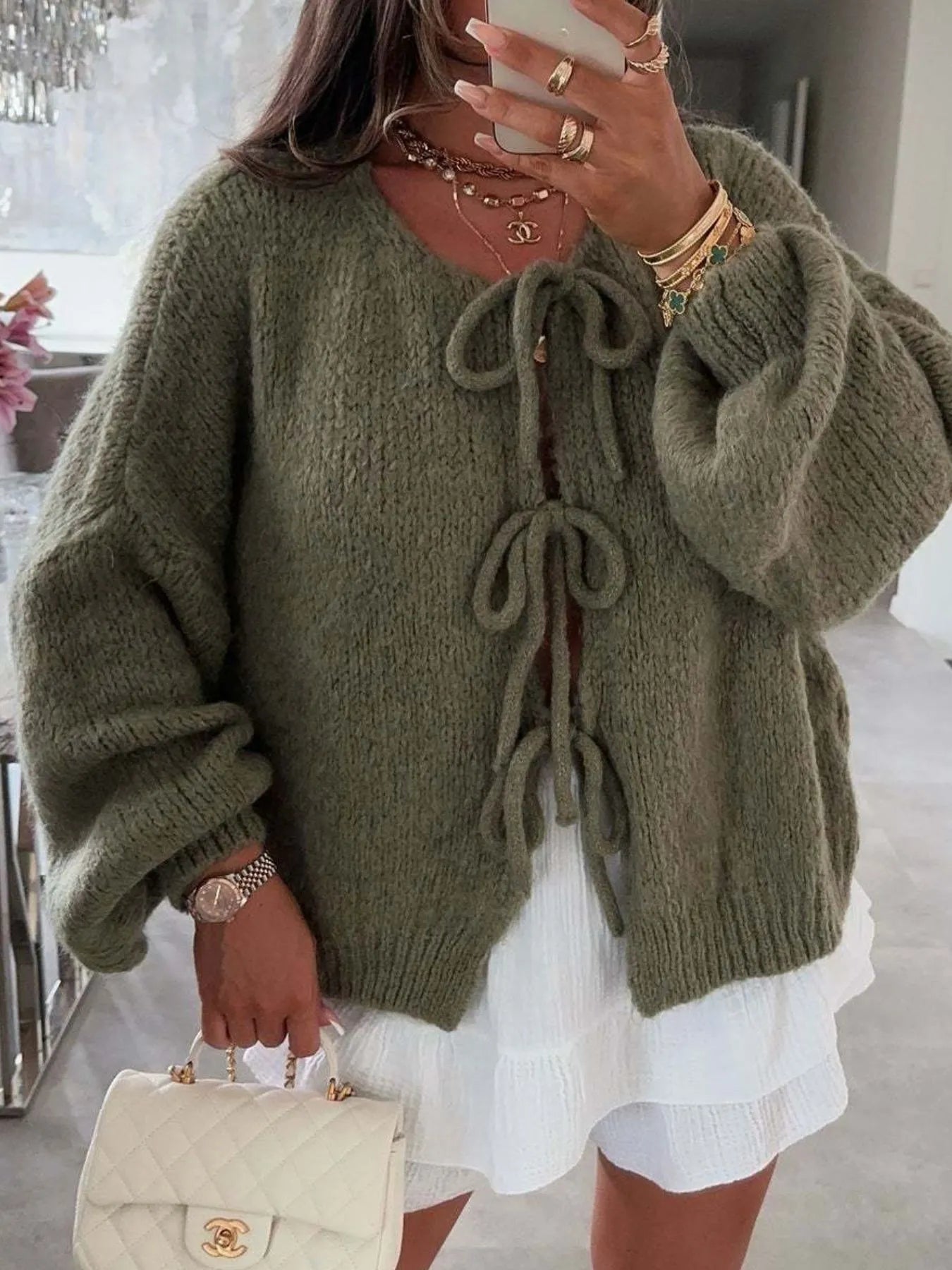 Cozy Bow-Tie Front Knit Cardigan Army Green - Fashorio