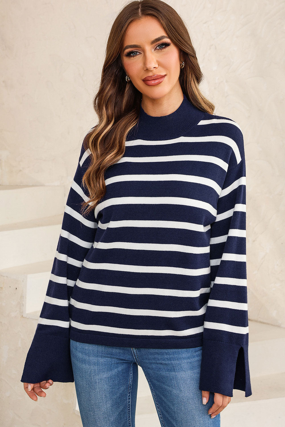 Striped Slit Drop Shoulder Sweater - Fashorio