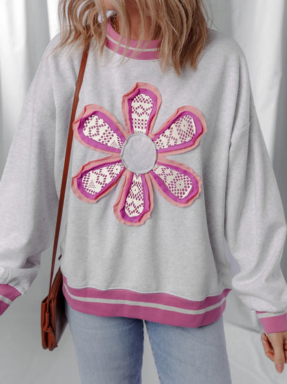 Flower Patch Contrast Trim Crew Neck Sweatshirt Gray - Fashorio