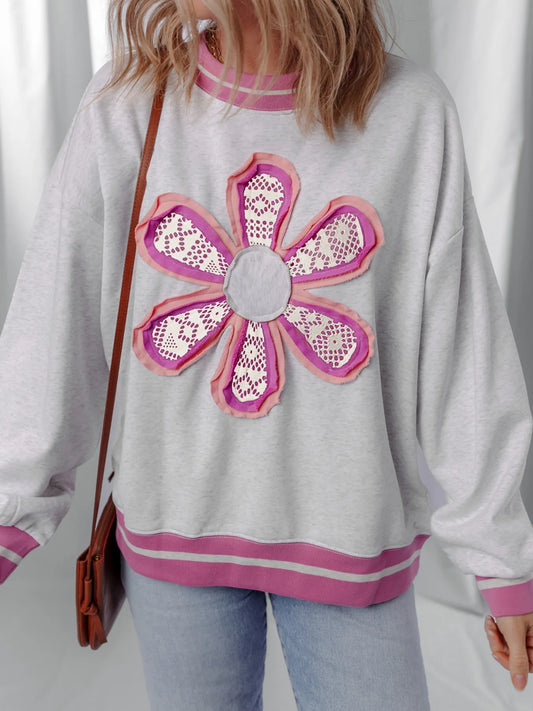 Flower Patch Contrast Trim Crew Neck Sweatshirt Gray - Fashorio