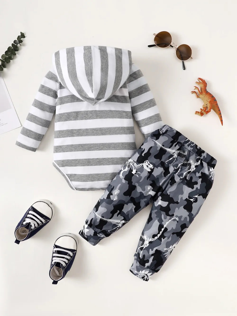 Children's Striped Hooded Bodysuit and Camouflage Pants Set - Fashorio