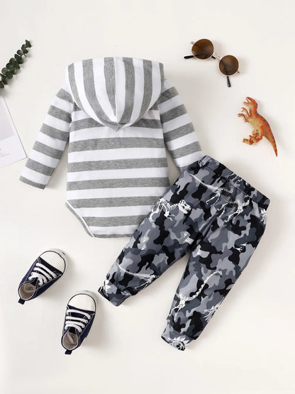Children's Striped Hooded Bodysuit and Camouflage Pants Set - Fashorio