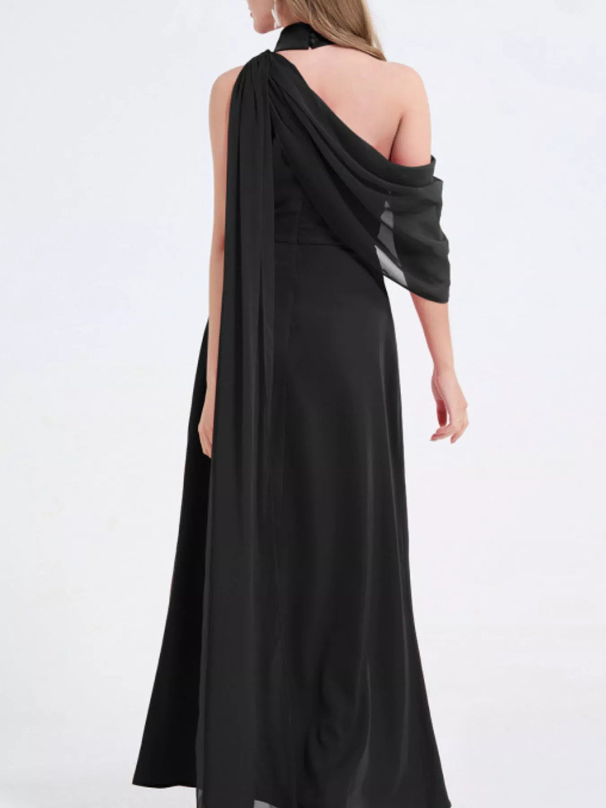 Asymmetrical neck maxi dress back zipper detail