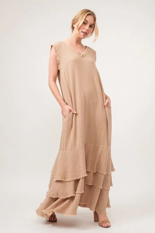 Washed Fringe Detail Tiered Dress styled look