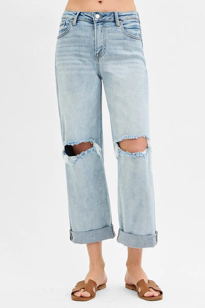 RISEN Full Size Mid Rise Fit Boyfriend Jeans with Cuff Plus Size - Fashorio