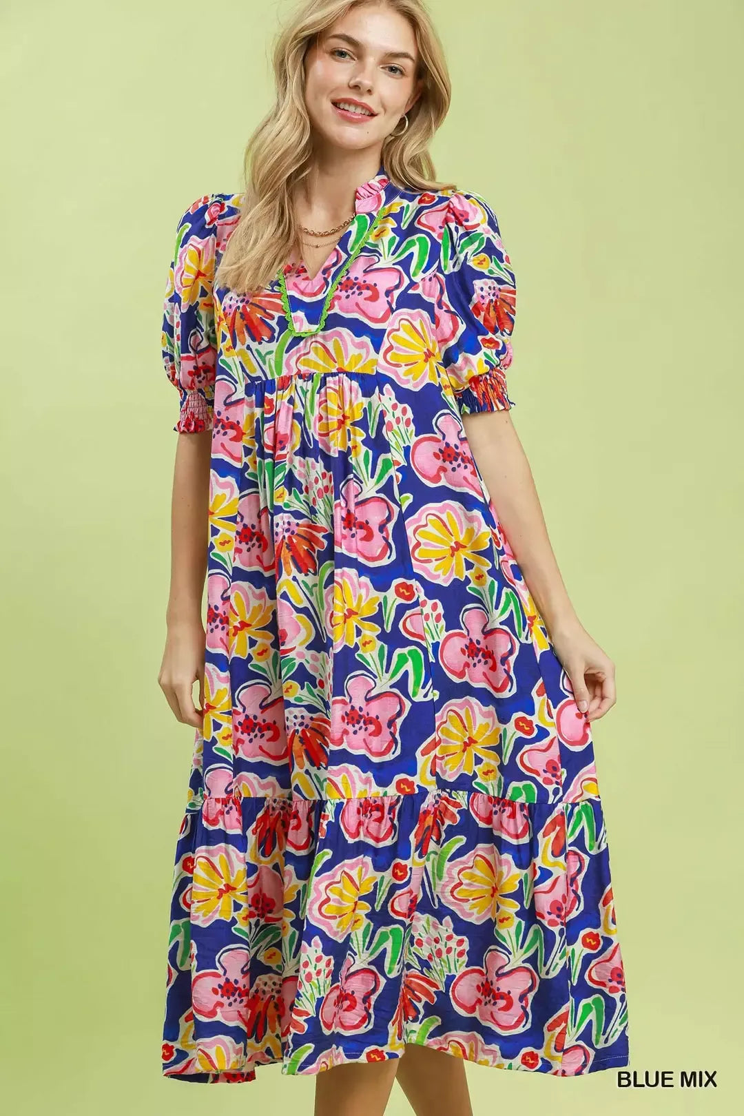 Blue floral puff sleeve tiered midi dress front view