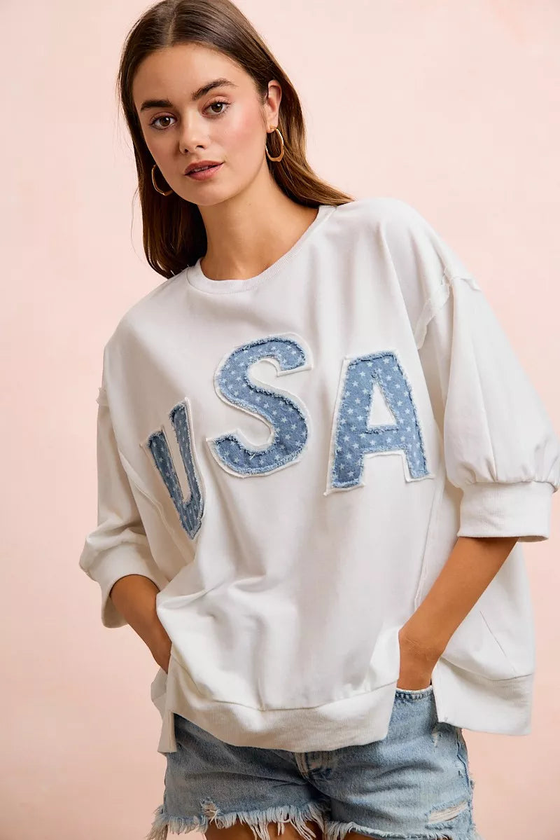 Ivory BiBi USA letter patchwork French terry top full length view