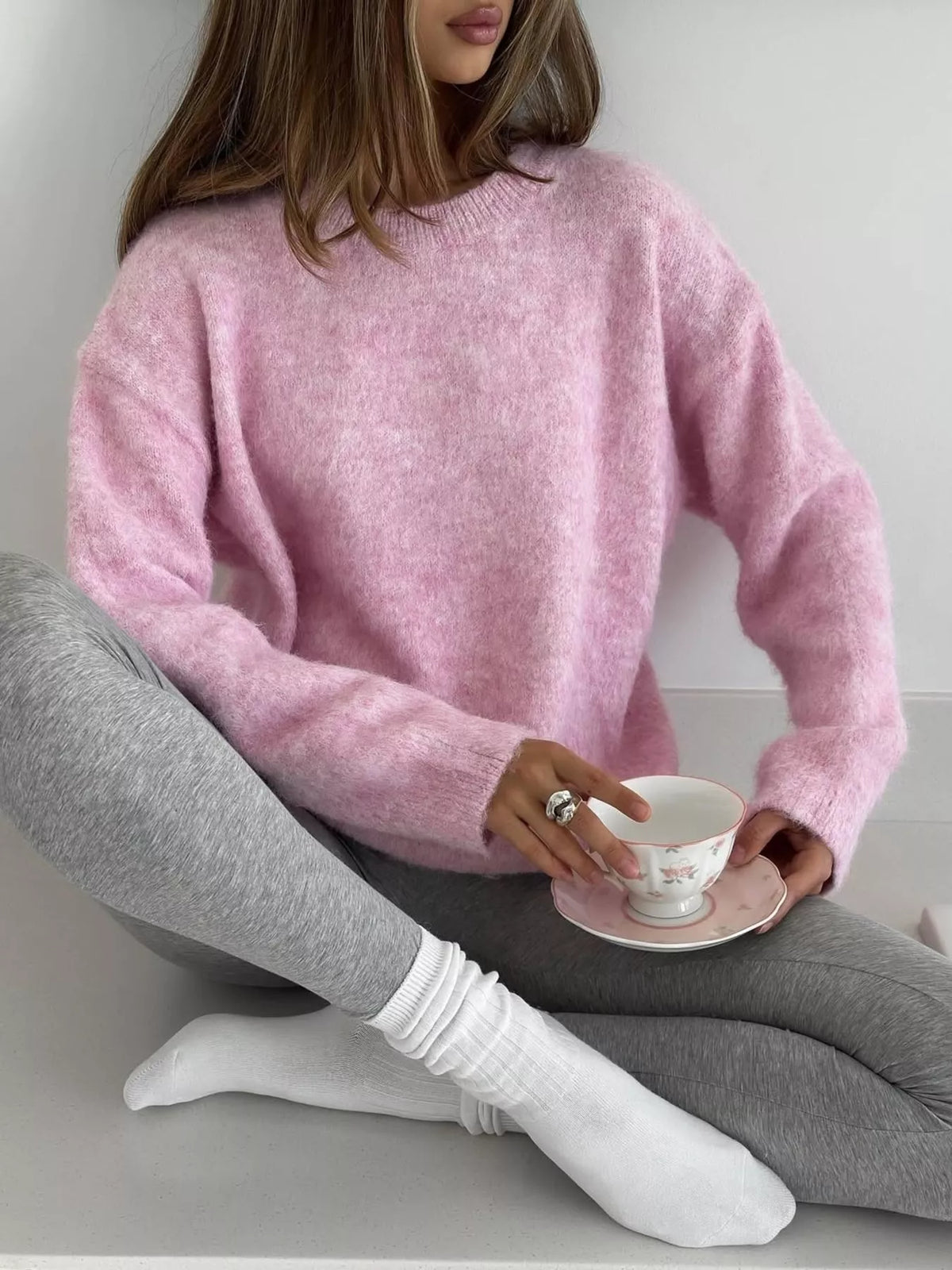round neck dropped shoulder sweater front view