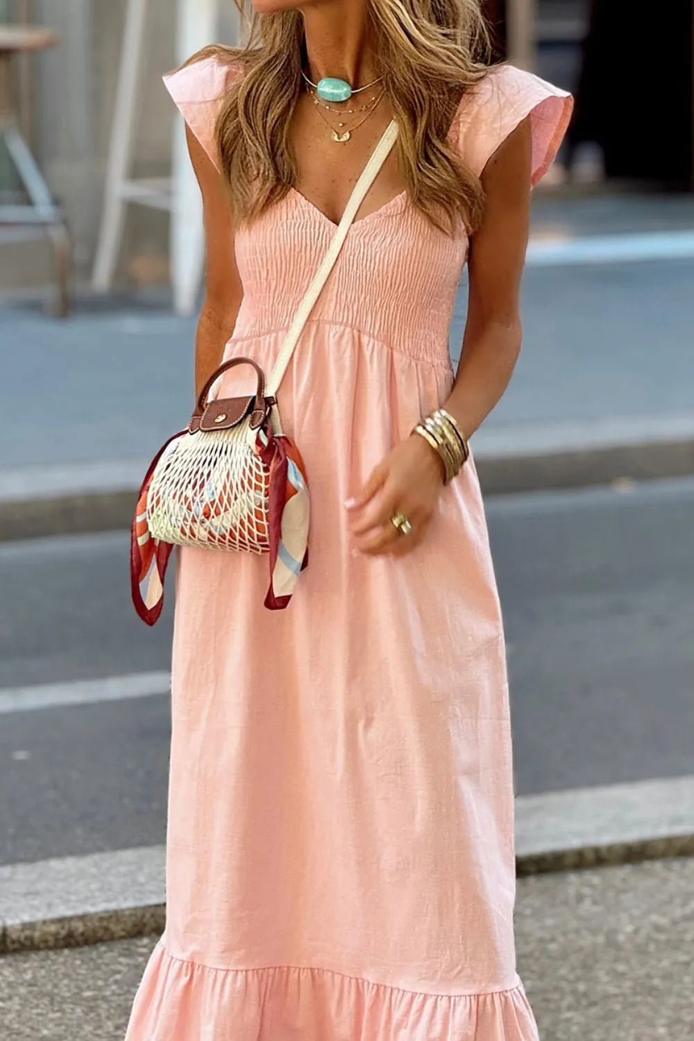 Smocked cap sleeve maxi dress full outfit