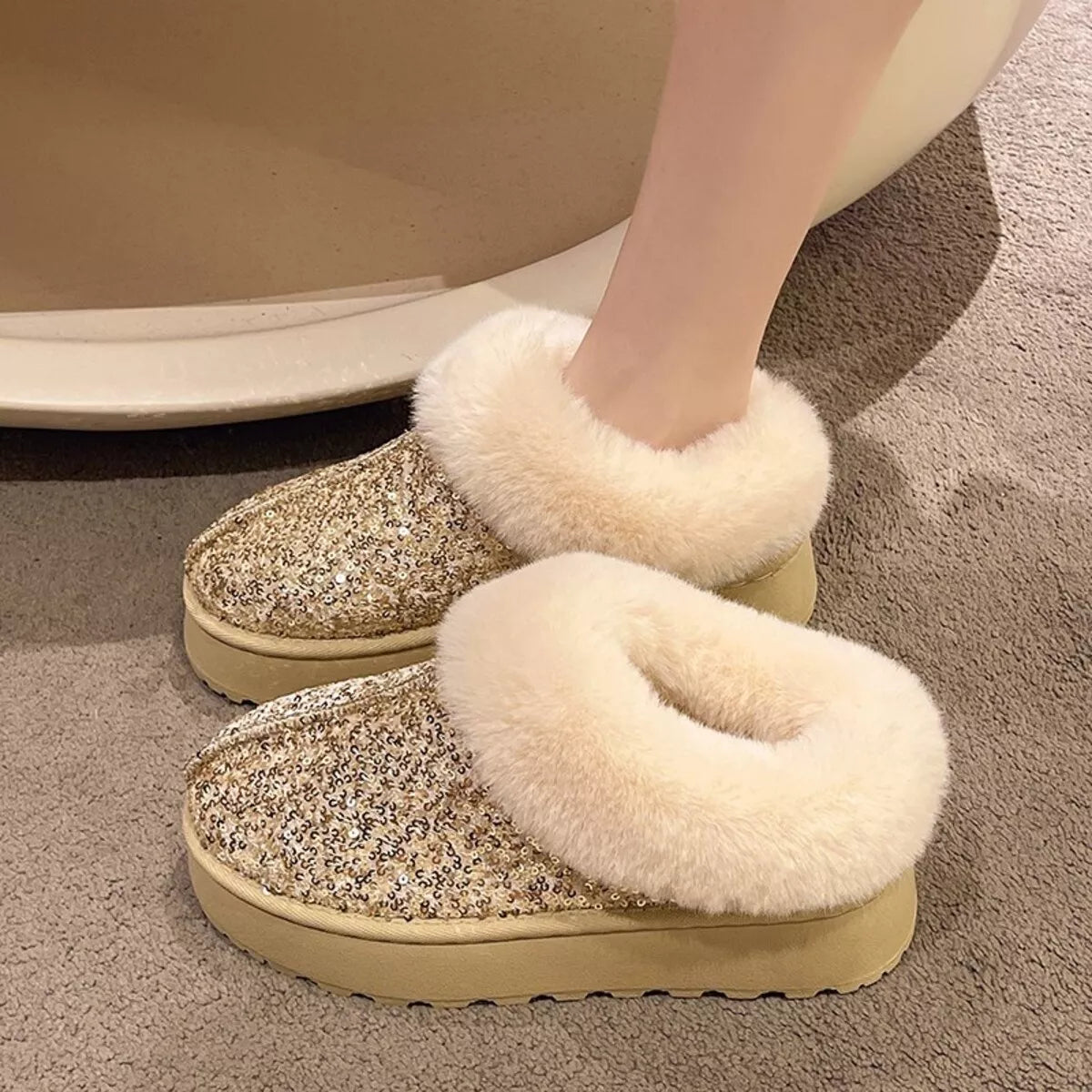 Sequin round toe platform boots angled pair