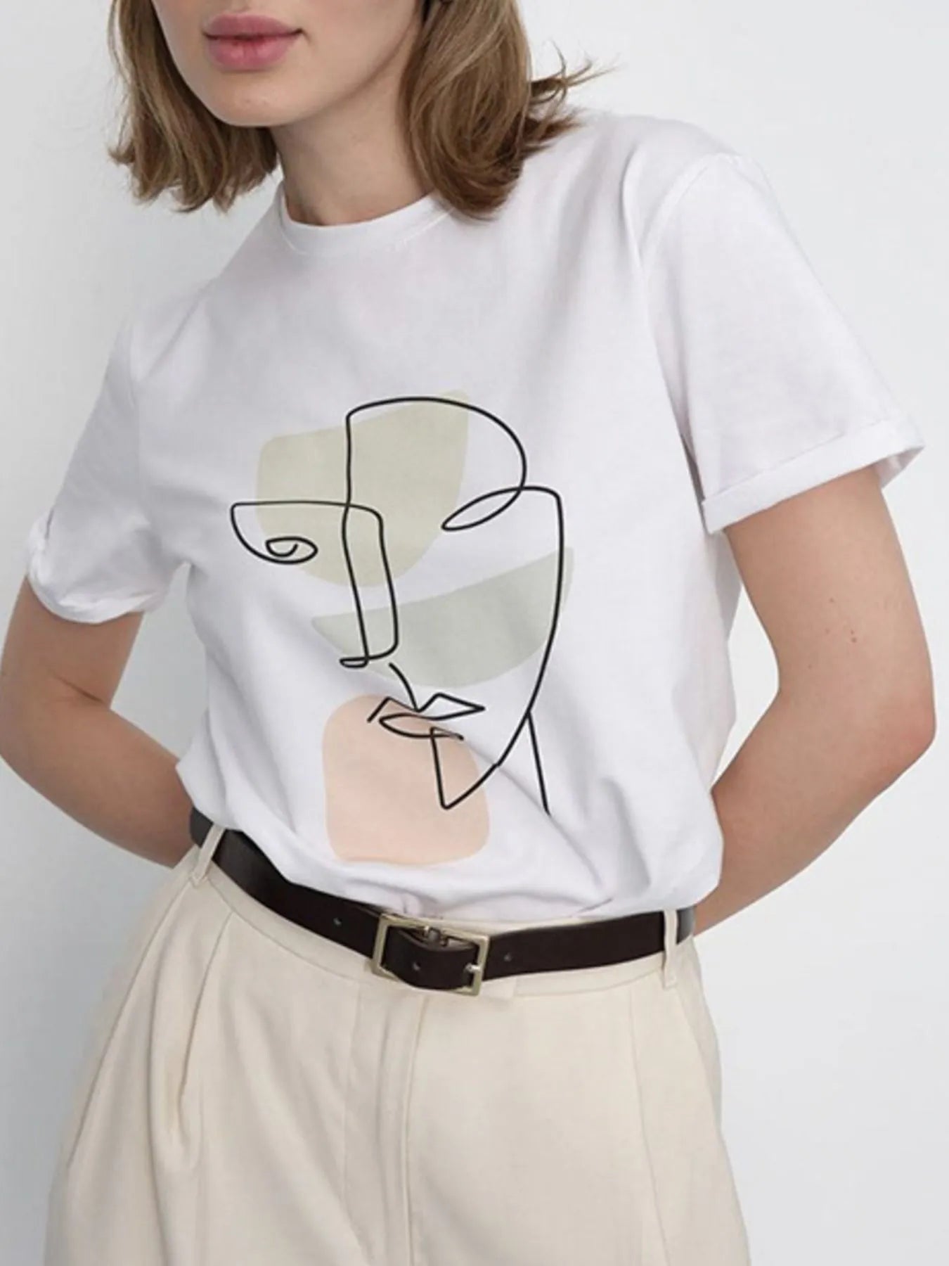Abstract Face Graphic Casual Round Neck T-Shirt Sage - Fashorio
