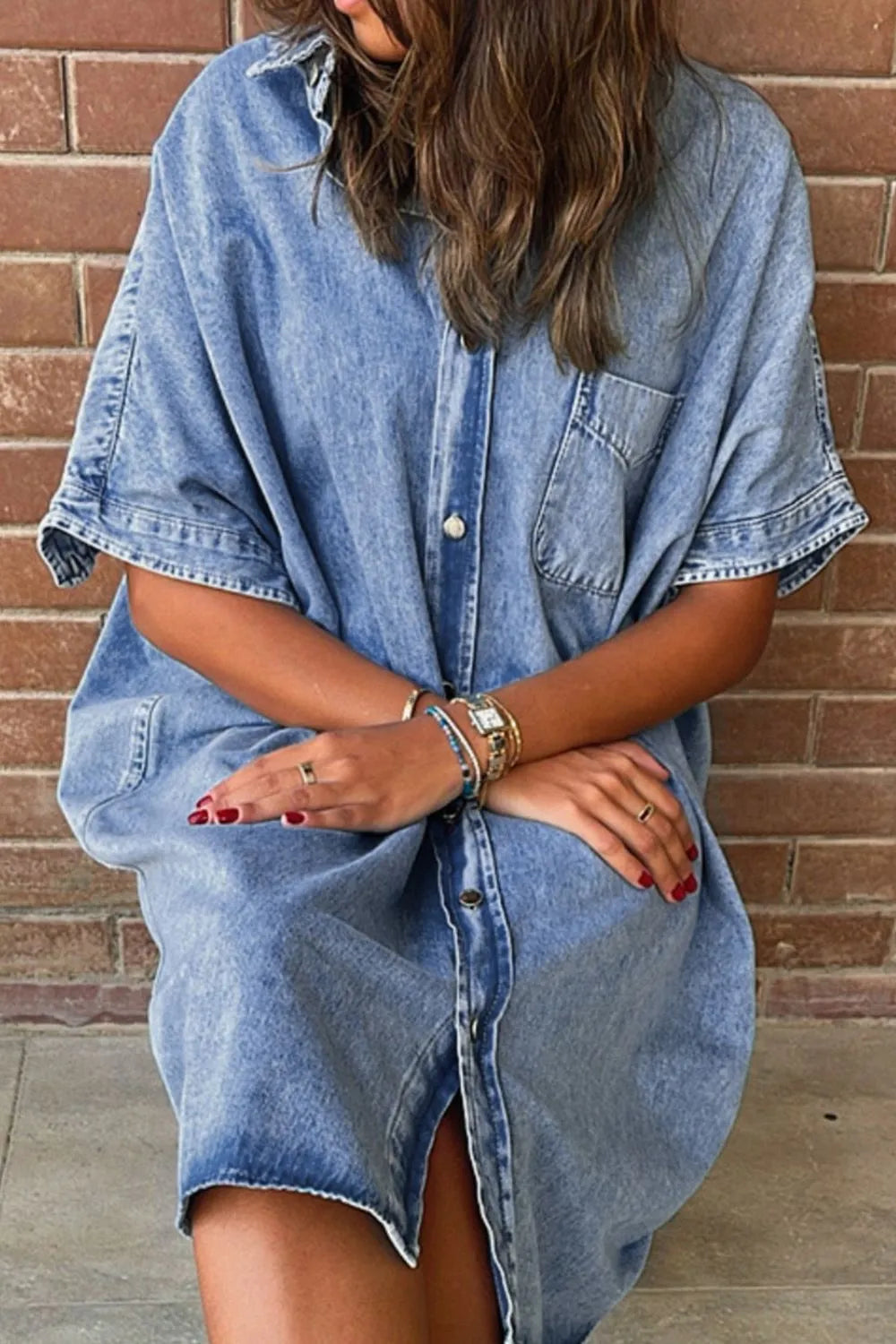 Oversized Button Down Denim Shirt Dress - Fashorio