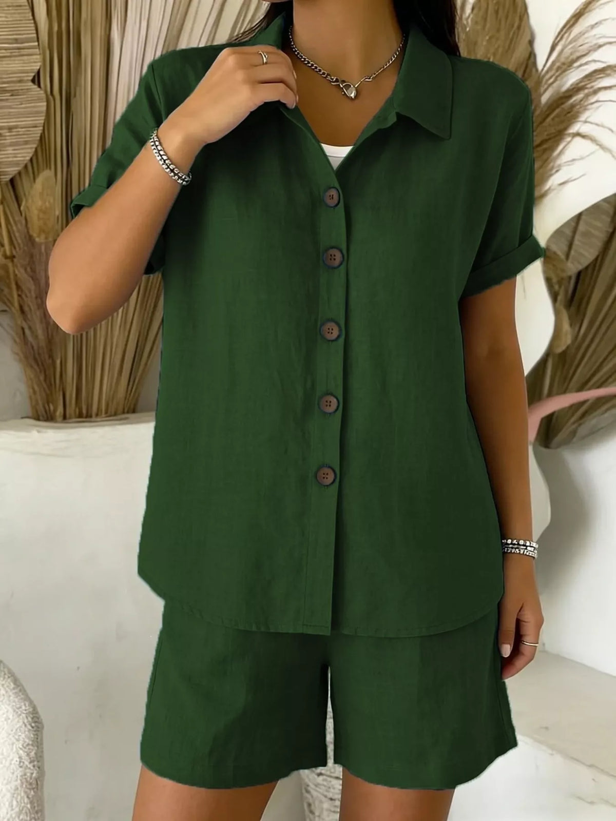 Two piece shirt and shorts set in a neutral colourway