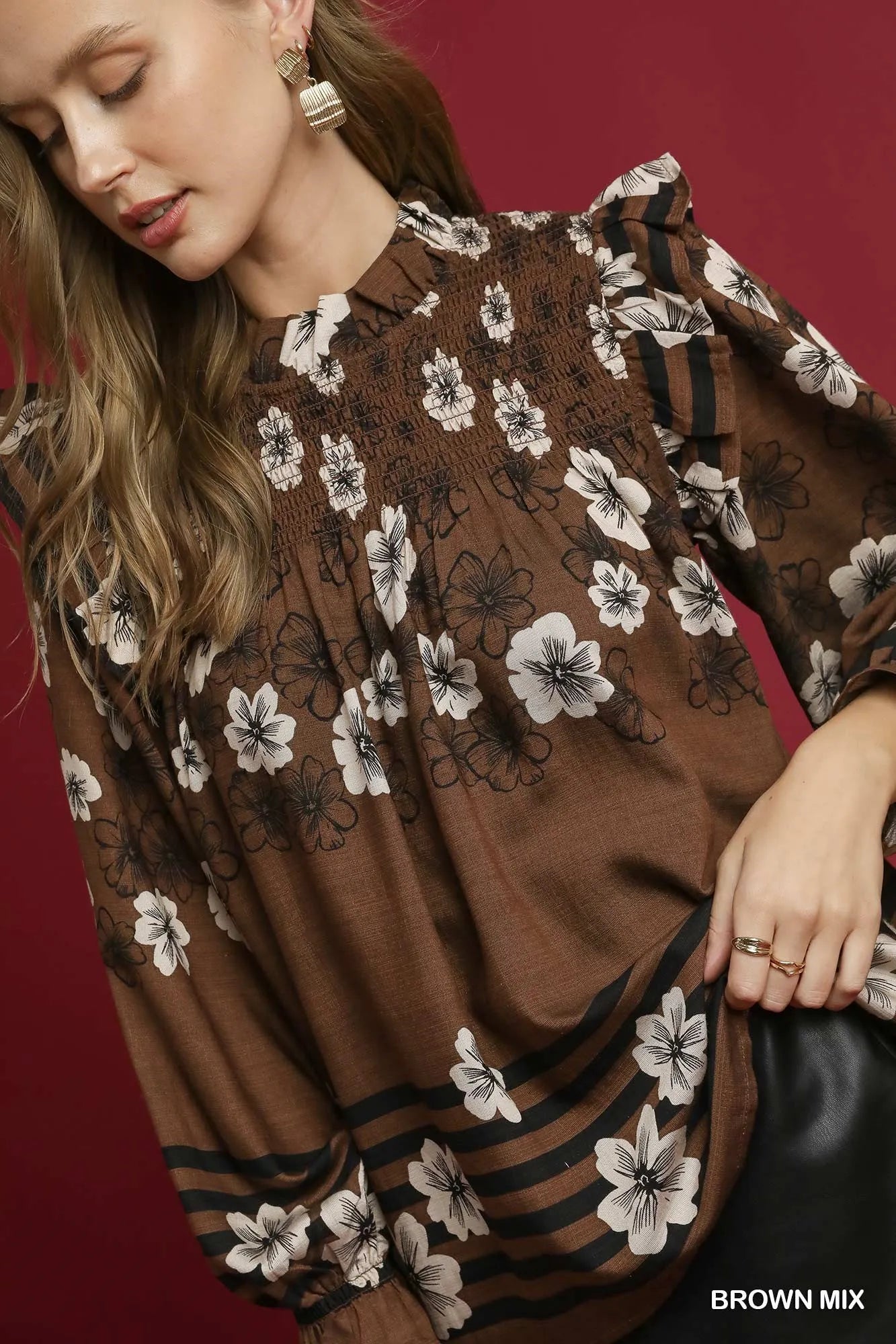 Umgee Full Size Mix Floral Smocked Ruffle Blouse Plus Size - Fashorio