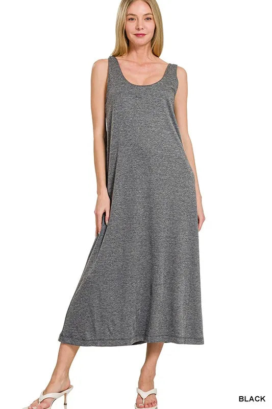 French Terry Twist Strap Midi Dress in Black