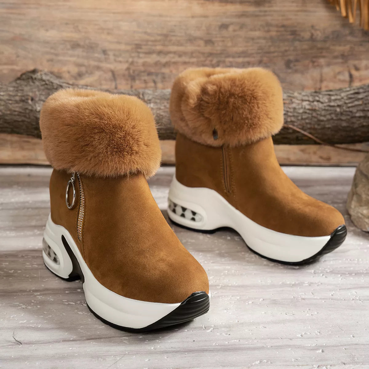 Fuzzy platform ankle boots close up texture