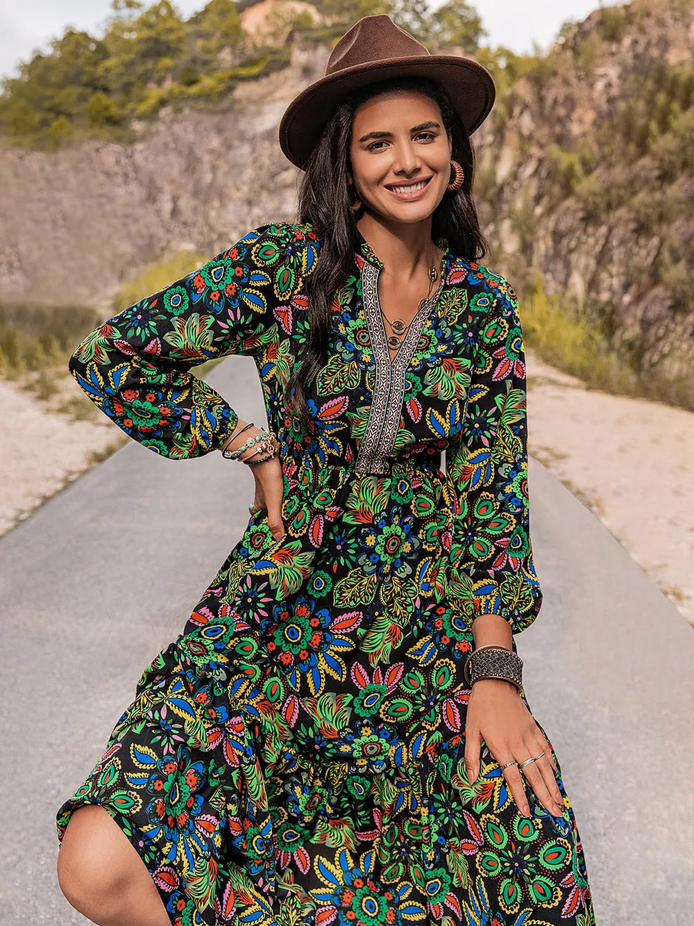 Printed Notched Neck Maxi Dress - Fashorio