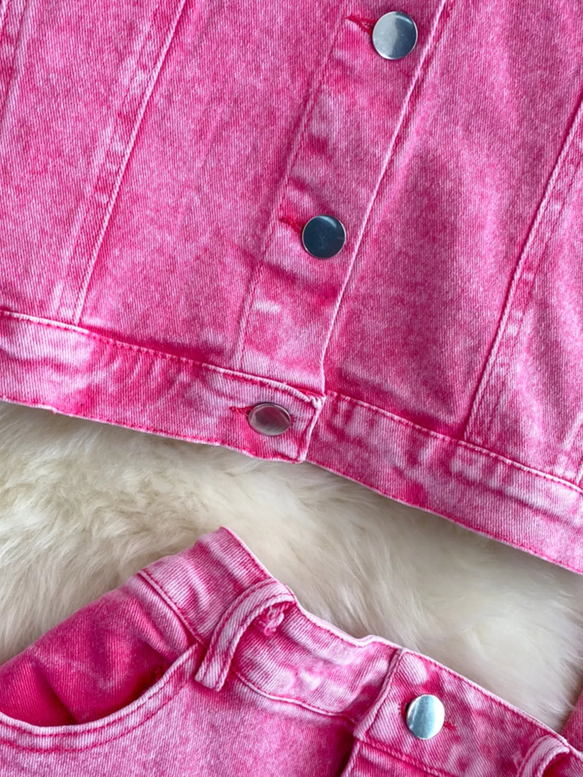 Pink denim jacket and skirt full look