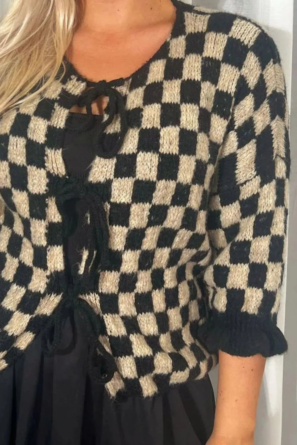 Double Take Tied Checkered Dropped Shoulder Flounce Sleeve Cardigan - Fashorio