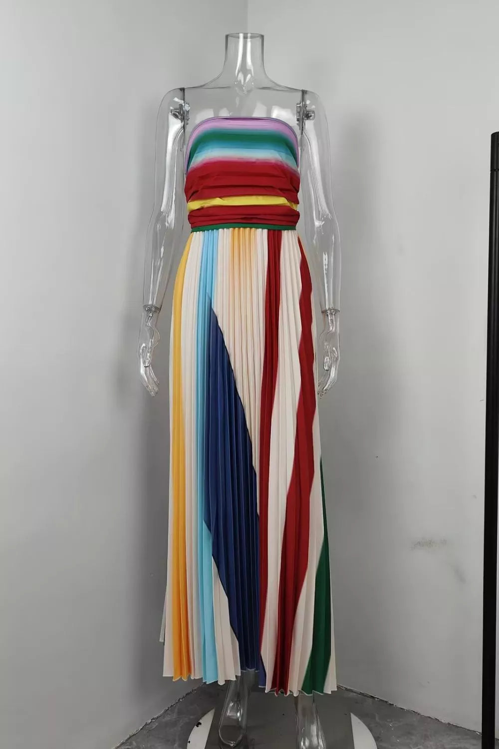 Multicolor striped pleated strapless maxi dress detail view