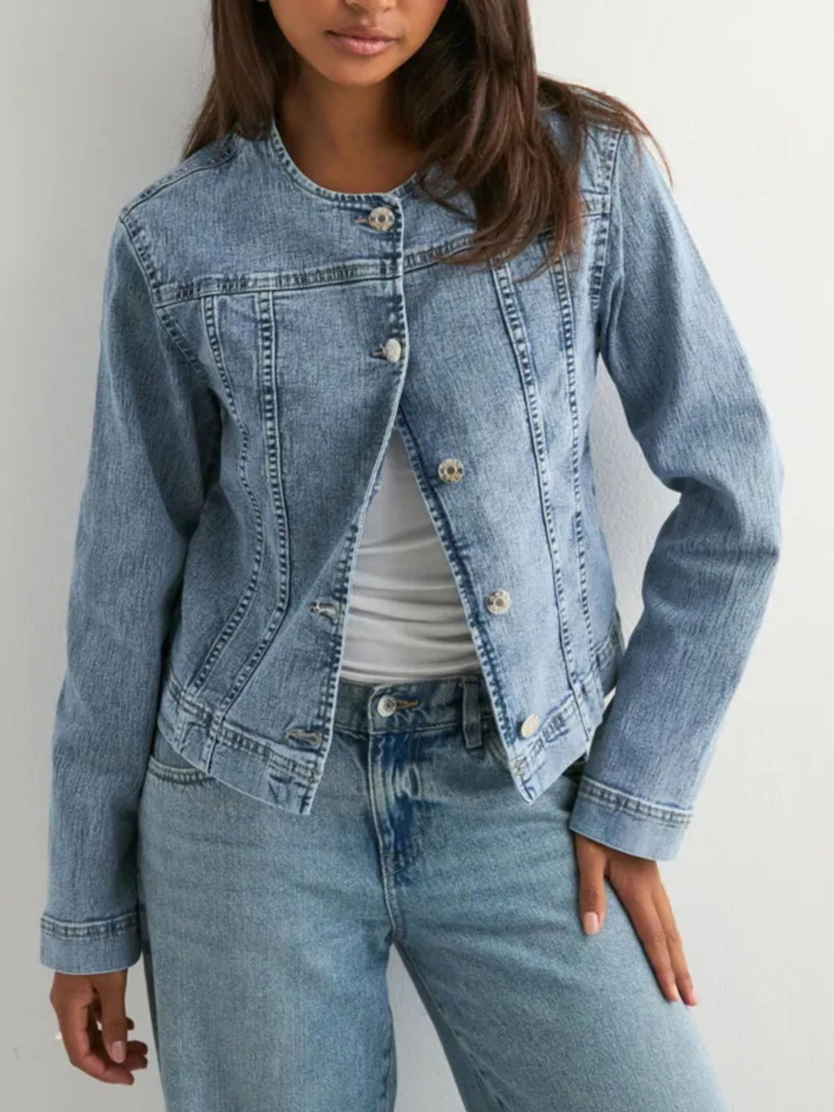 Classic Button Down Denim Jacket in Light Blue