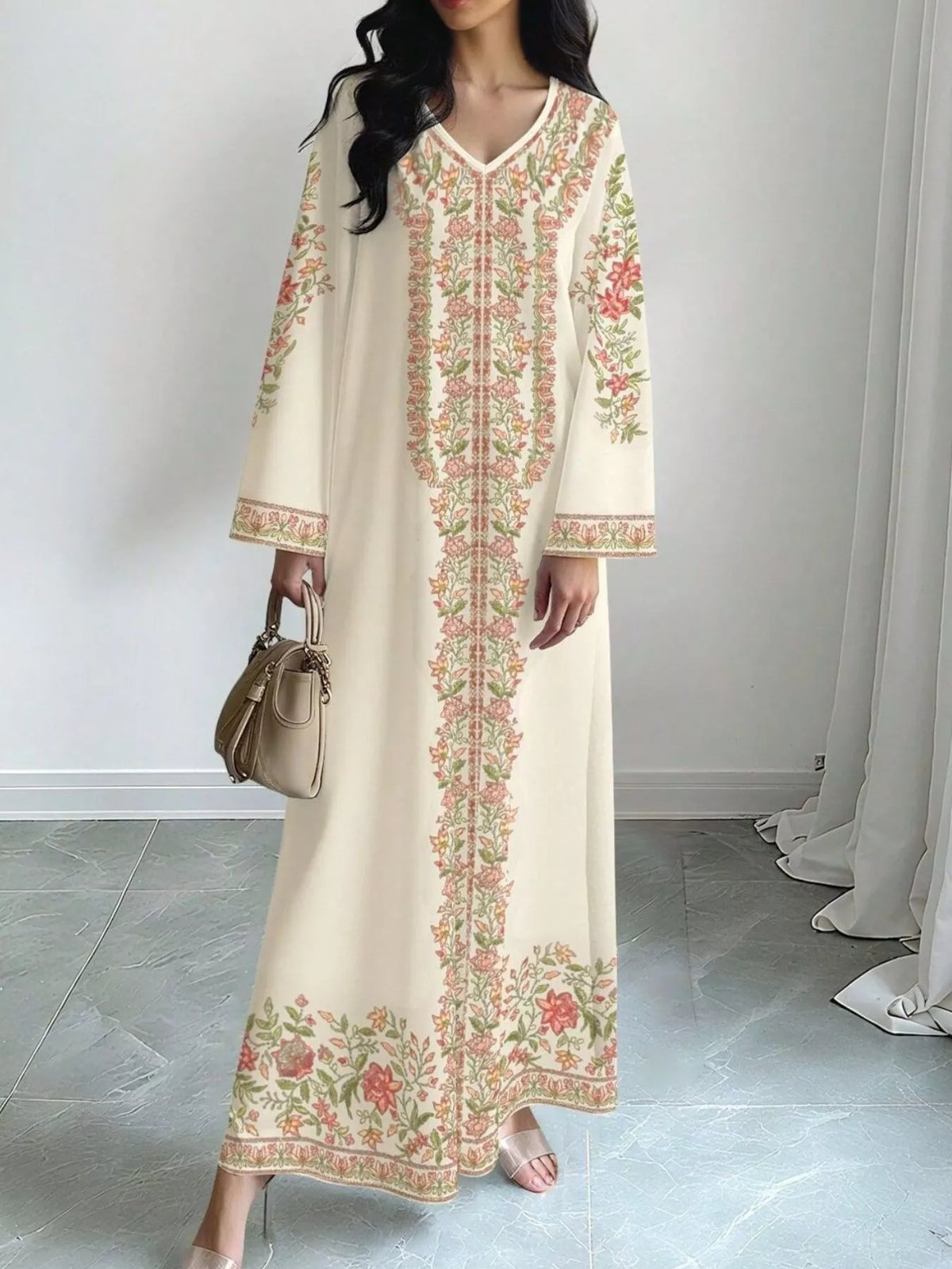 floral long sleeve maxi dress full length view