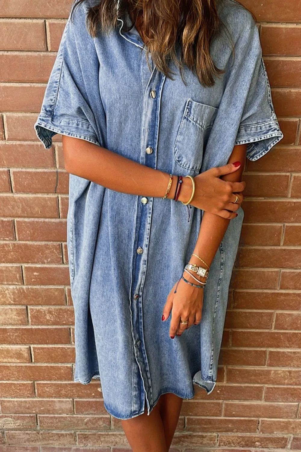 Oversized Button Down Denim Shirt Dress - Fashorio