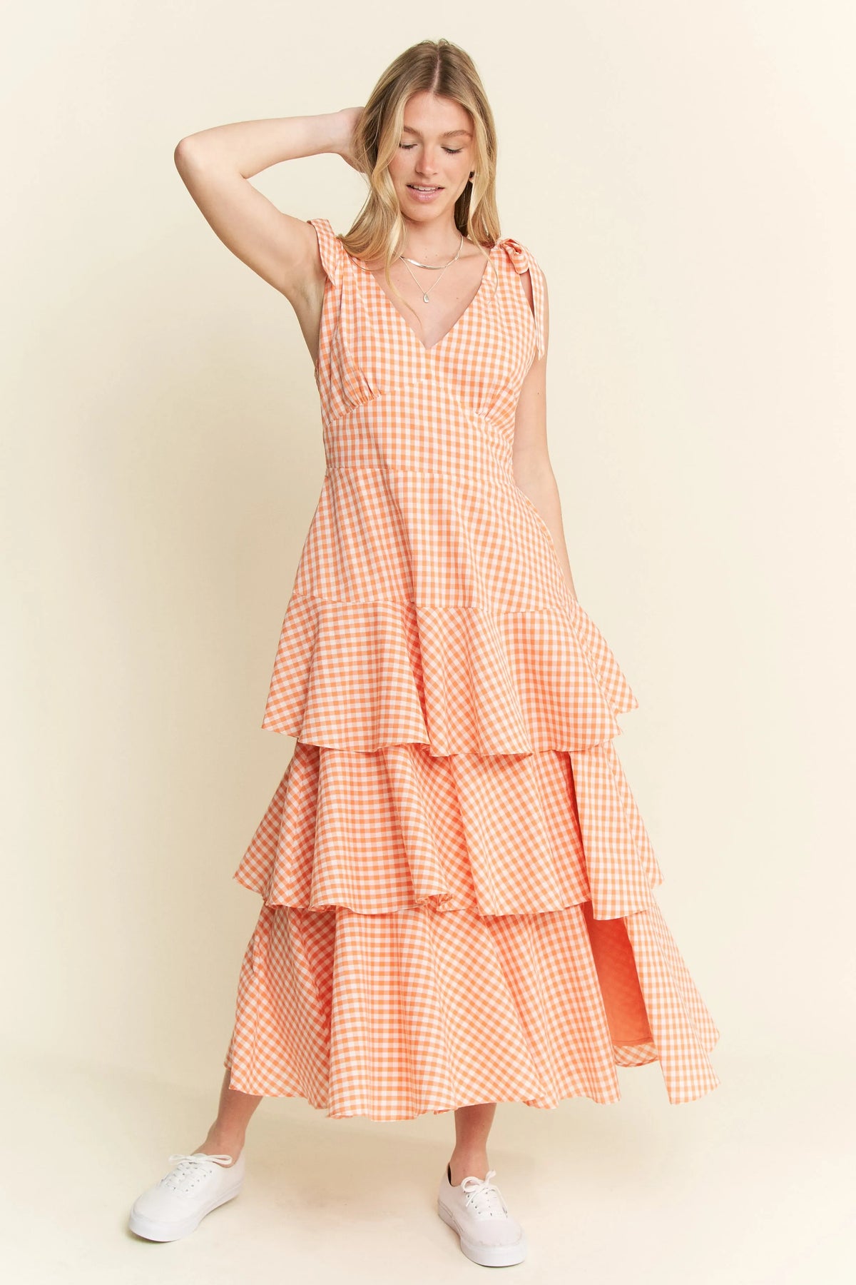 Sleeveless Gingham Print Tiered Midi Dress view 13