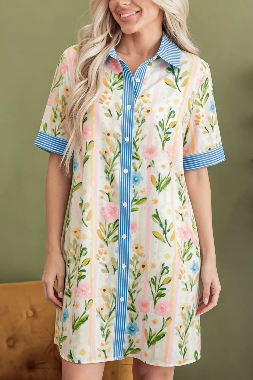 Multicolor floral print button down shift dress front view