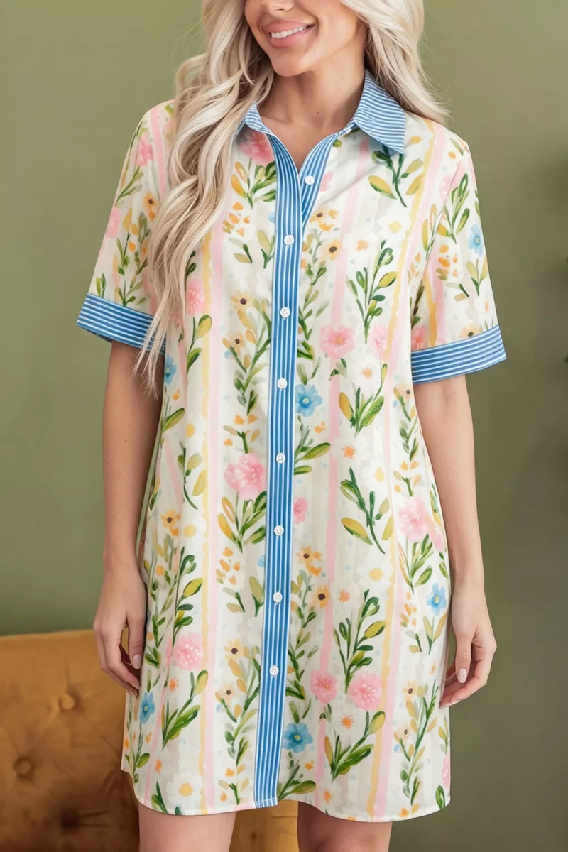 Multicolor floral print button down shift dress front view