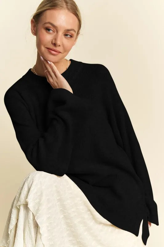 High Low Round Neck Drop Shoulder Sweater in Black detail