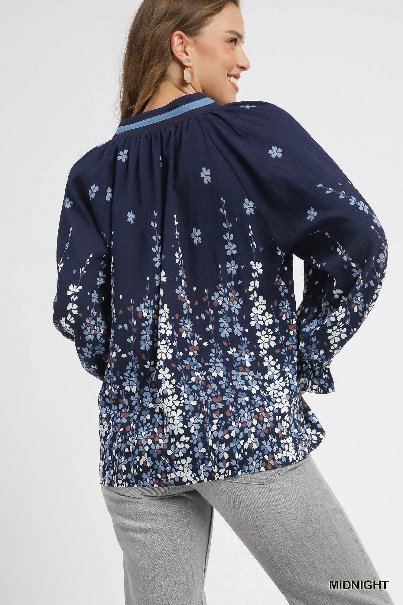 Umgee Full Size Floral Vine Print Blouse with Balloon Sleeves Plus Size - Fashorio