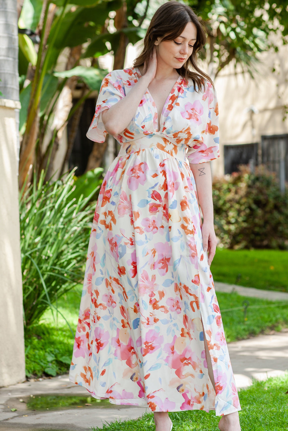 Floral Deep V Slit Maxi Dress - Fashorio