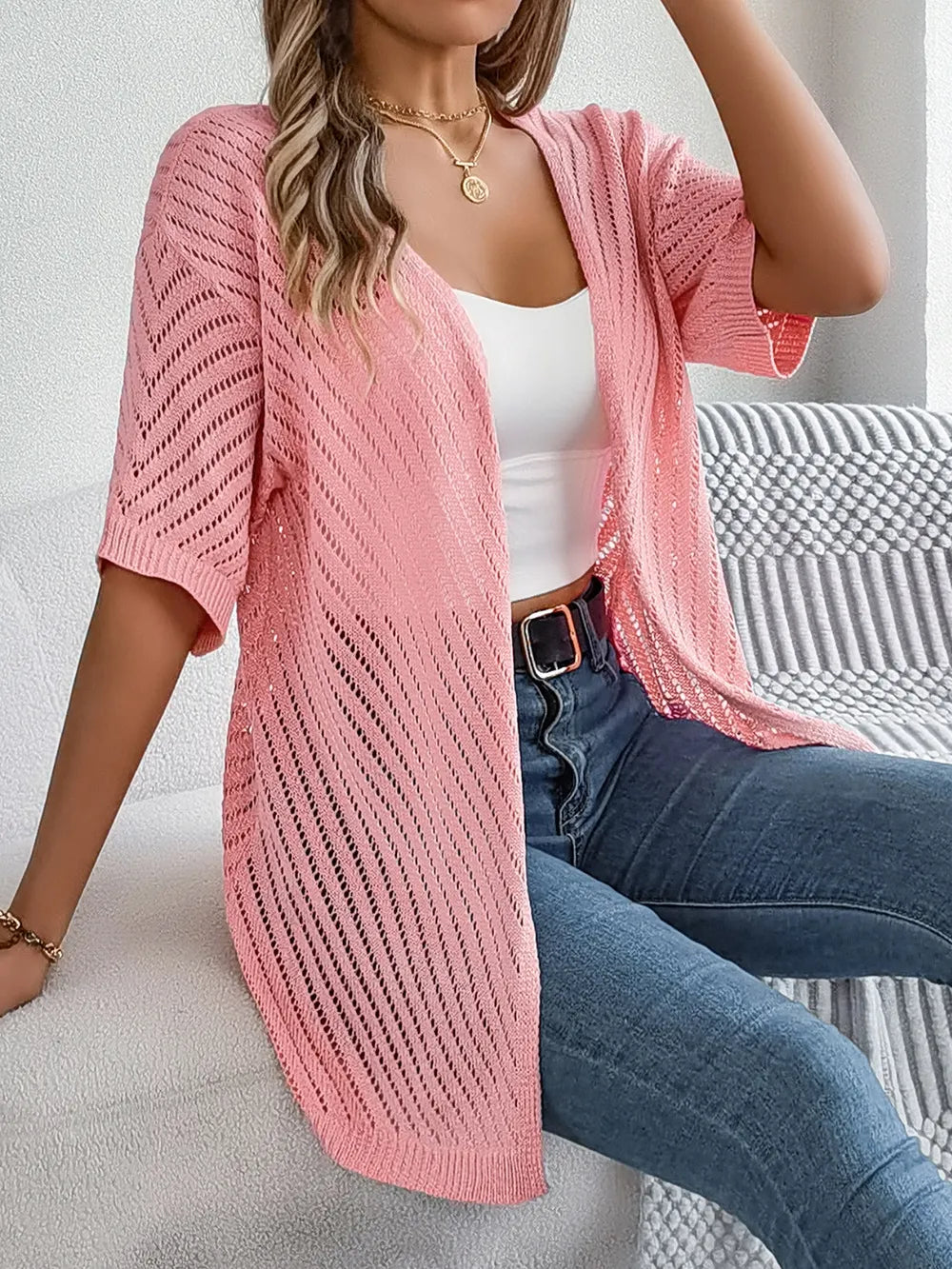 Openwork Open Front Half Sleeve Cardigan Pink - Fashorio