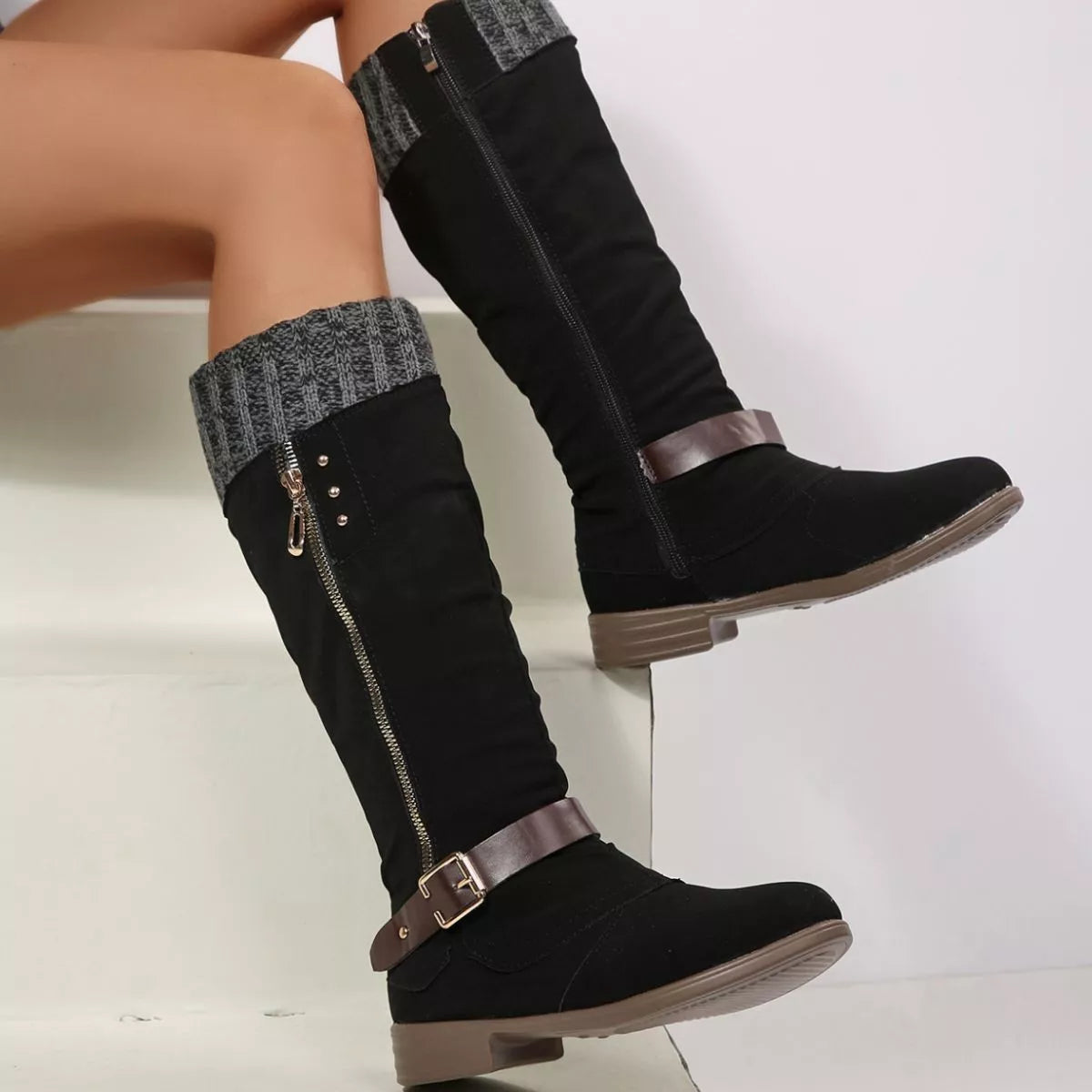 Green round toe block heels boots close up of the toe